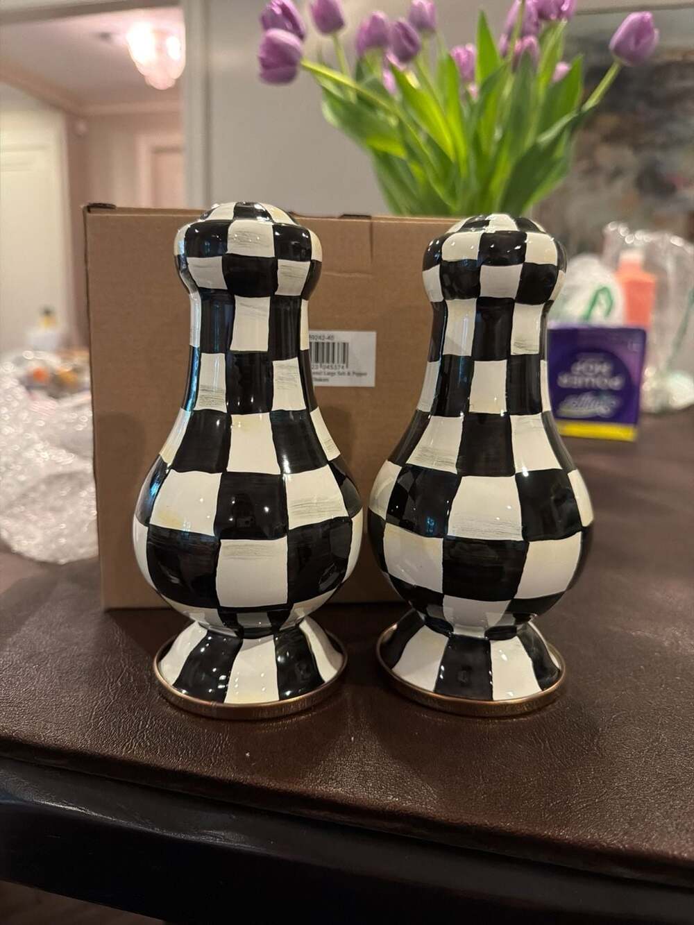 MacKenzie-Childs Courtly Check Enamel Large Salt & Pepper Shakers pristine perfe